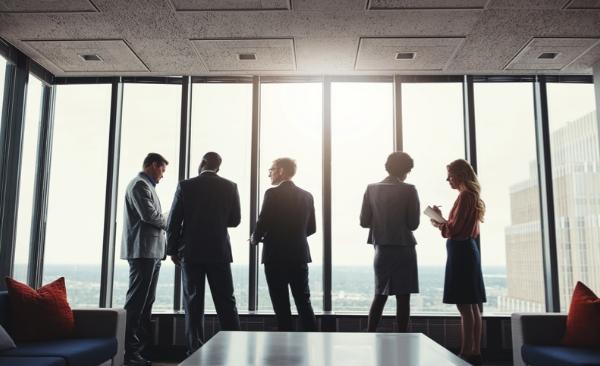 Group of workers talking in front of a large window